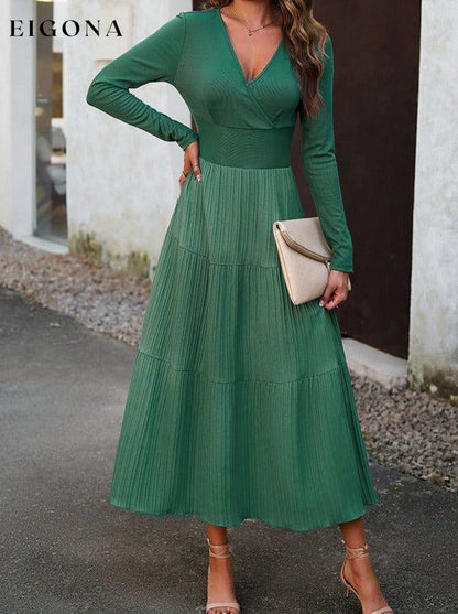 Surplice Neck Long Sleeve Smocked Waist Midi Dress clothes DY Ship From Overseas trend