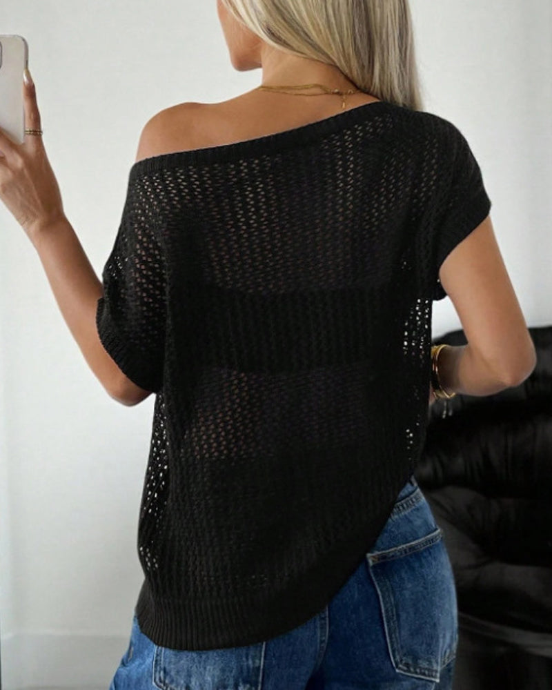 Solid Color Hollow-Out Pullover