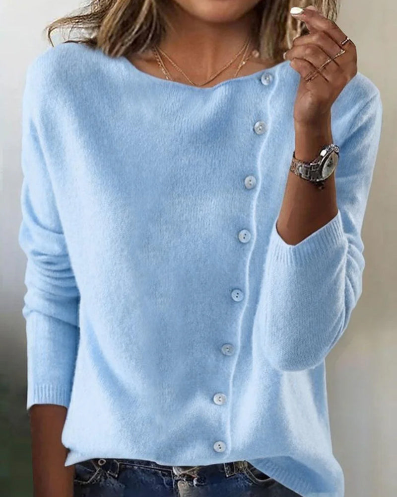 Casual solid color oblique button round neck pullover 2024 f/w pullovers