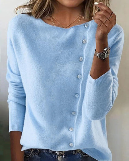 Casual solid color oblique button round neck pullover 2024 f/w pullovers