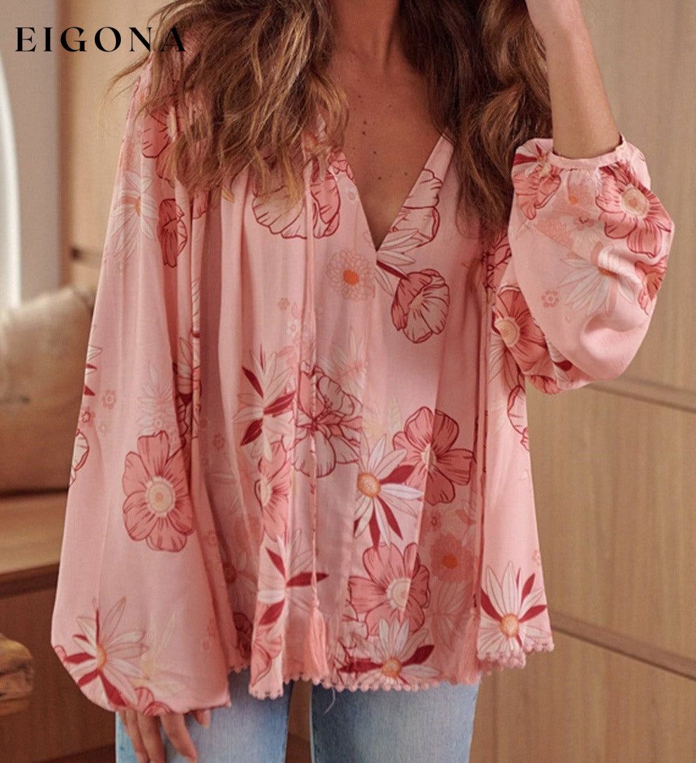 Multicolor Floral Tasseled V Neck Puff Sleeve Blouse All In Stock clothes Color Pink Occasion Daily Print Floral Season Spring Style Southern Belle