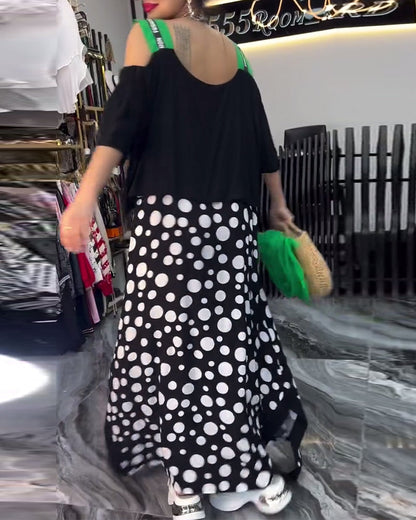 Abito casual patchwork a pois con bretelle