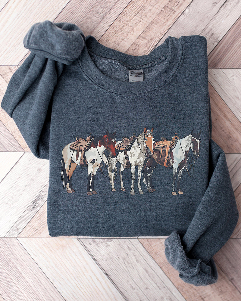 Women's Horse Print Crewneck Sweatshirt 2024 f/w sweatshirts western style