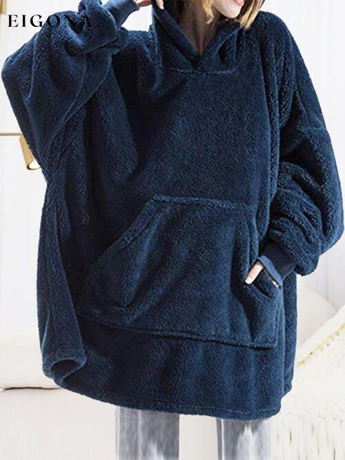 Long Sleeve Pocketed Hooded Fuzzy Sweater, Lounge Top Dark Navy One Size clothes lounge lounge wear loungewear M@F@T Ship From Overseas Sweater sweaters Sweatshirt
