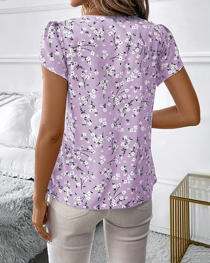 Floral Round Neck Short Sleeve Blouses