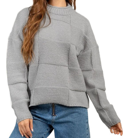 Gray Mock Neck Checkered Textured Sweater clothes Sweater sweaters Sweatshirt