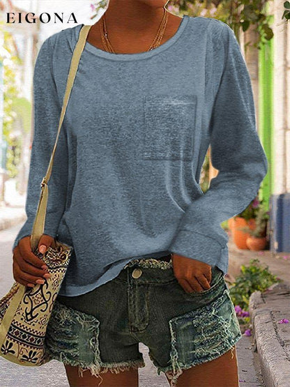 Round Neck Pocket Slit Long Sleeve Casual Loose Top T-Shirt funny top tops