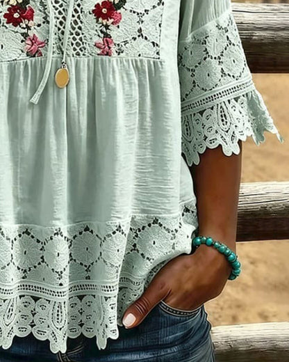 Tie Lace Panel Casual Blouse