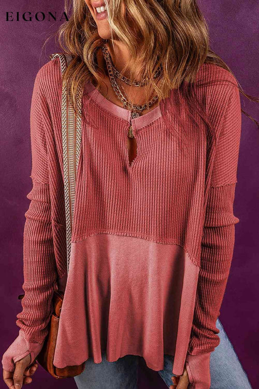 Notched Neck Long Sleeve Slit Blouse Burnt Coral clothes Ship From Overseas SYNZ