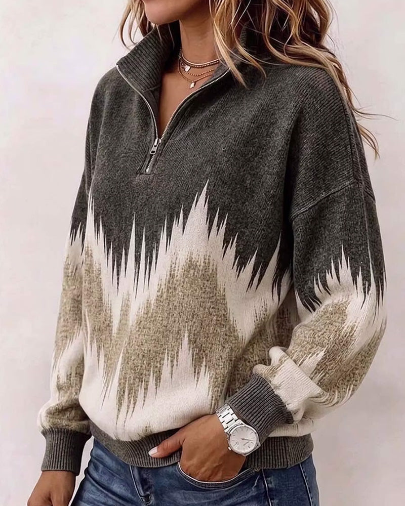 Collared Zipper Color-Block Loose Sweatshirt