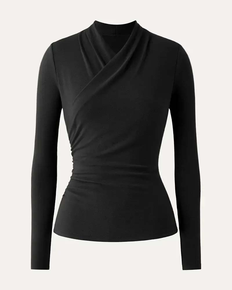 Cross V-neck Pleated Waist Long-sleeve Top