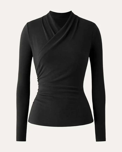 Cross V-neck Pleated Waist Long-sleeve Top