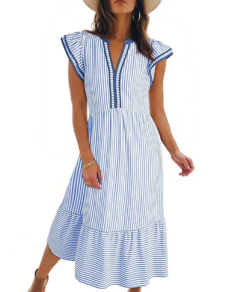 Striped Double Ruffle Short Sleeve Dress