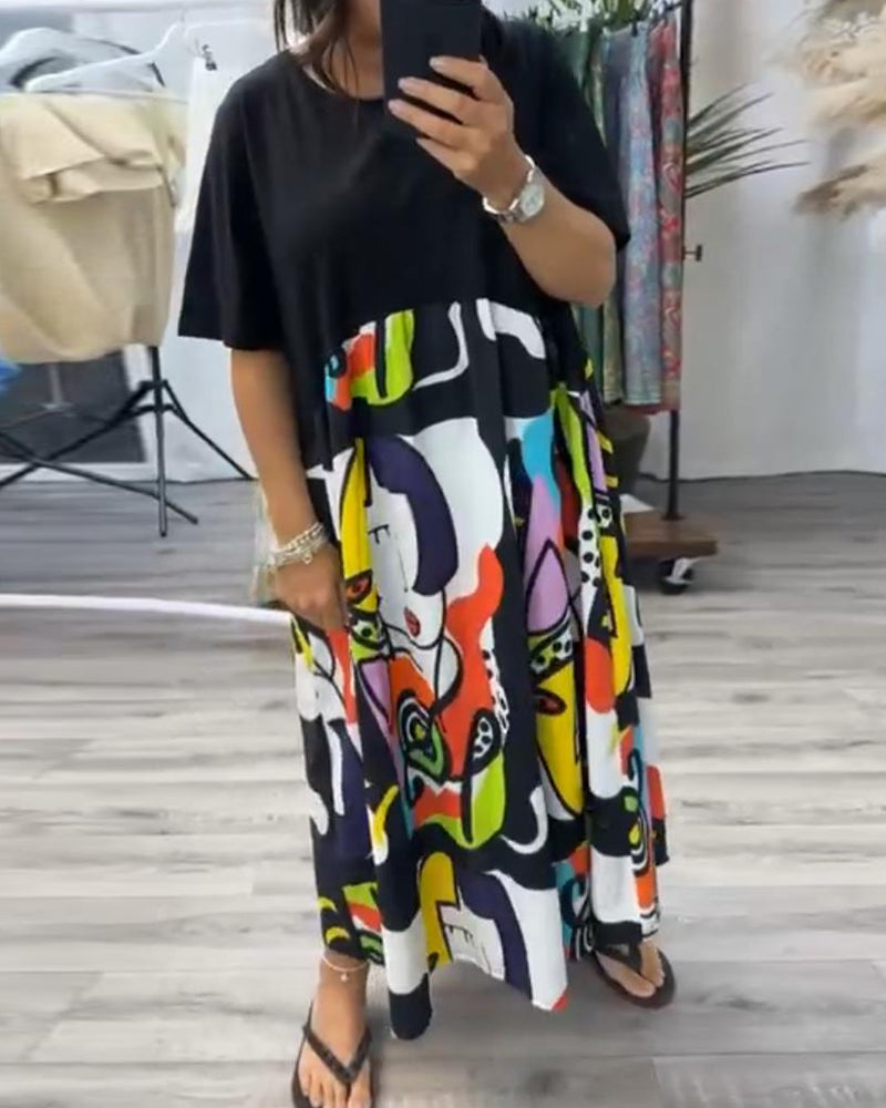 Casual colorful printed round neck patchwork dress casual dresses spring summer