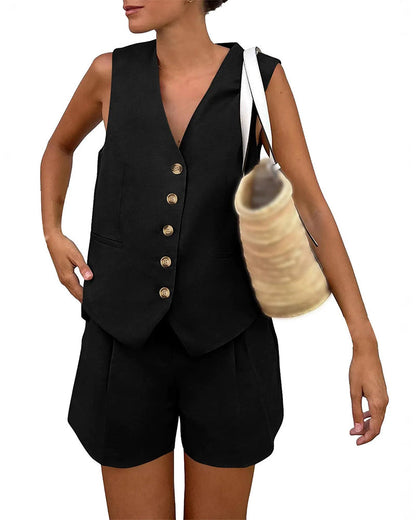 V-Neck Single-Breasted Tank Top Short Set