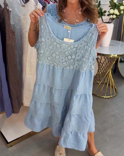 Crew Neck Sleeveless Lace Tiered Dress