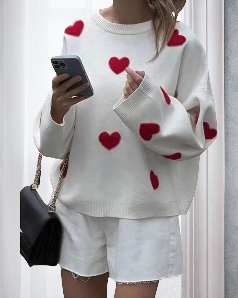 Casual Crew Neck Heart Pattern Pullover Sweater 2024 f/w pullovers