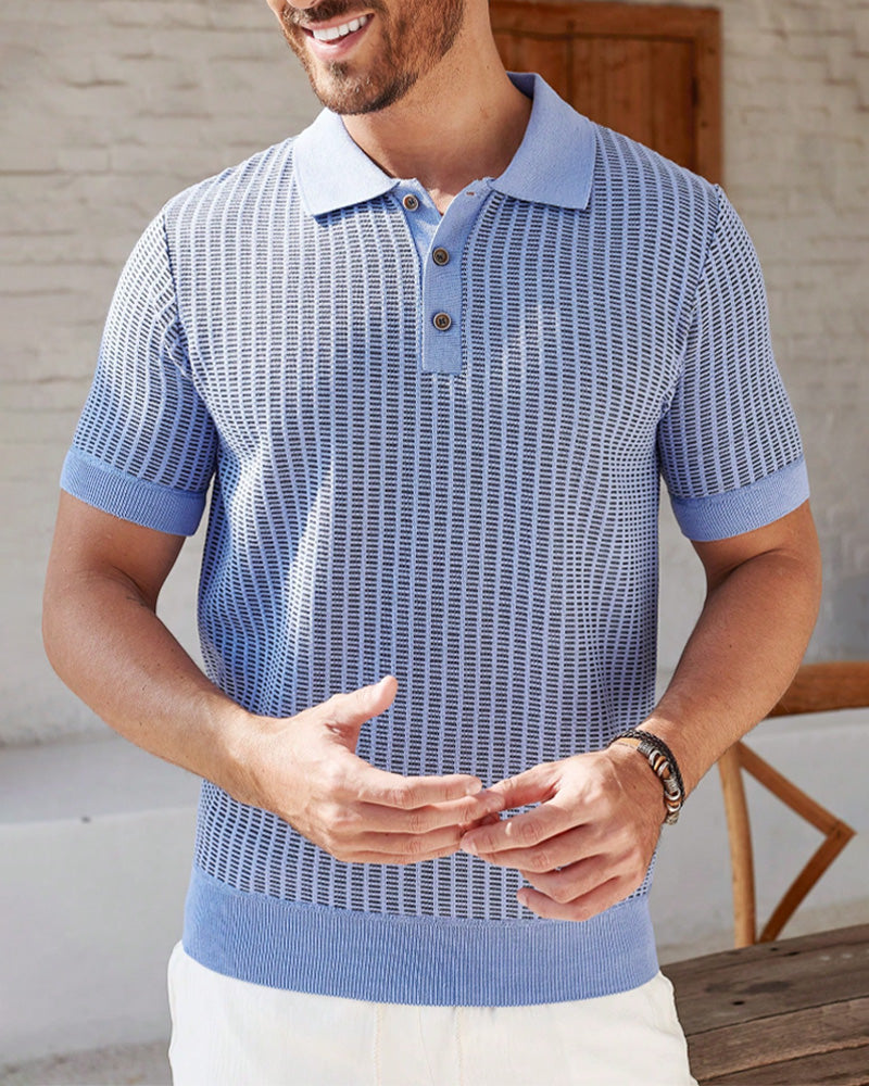 Men's Turn-Down Collar Vertical Stripe T-Shirt