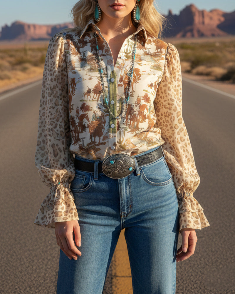 Lapel Vintage Print Puff Sleeve Shirt