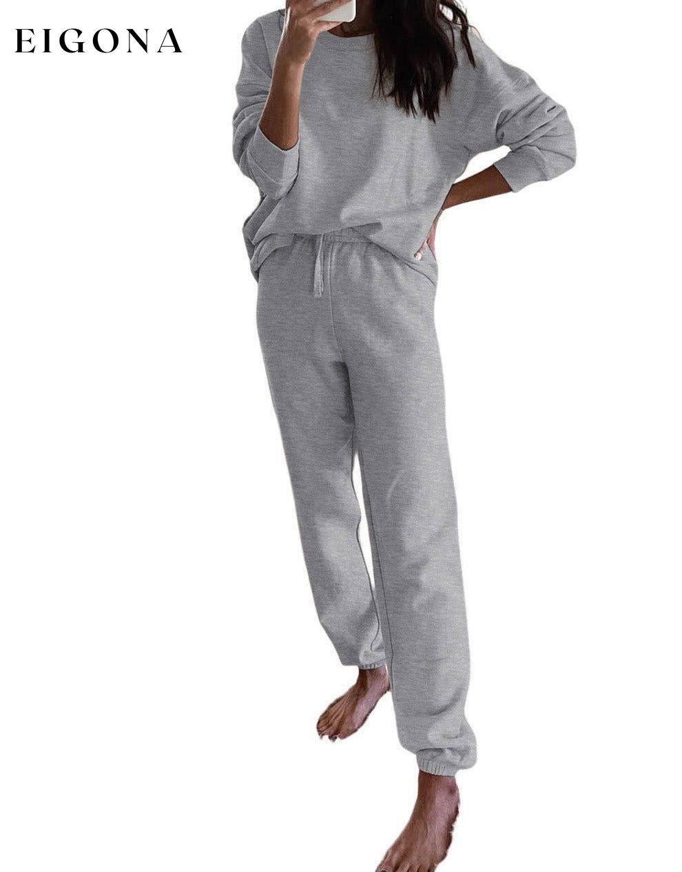 Gray Long Sleeve Top and Drawstring Pants Lounge Outfit (Includes top and bottoms) 2 piece lounge set All In Stock bottoms clothes EDM Monthly Recomend lounge lounge wear lounge wear sets loungewear loungewear sets Occasion Home pajamas Print Solid Color Season Winter sets Style Casual