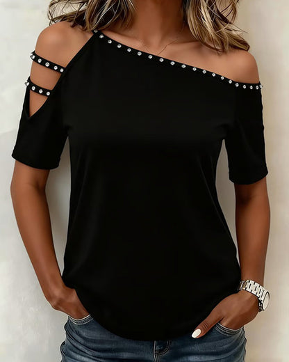 Slash-Shoulder Hollow-Out Beaded Short-Sleeve T-Shirt