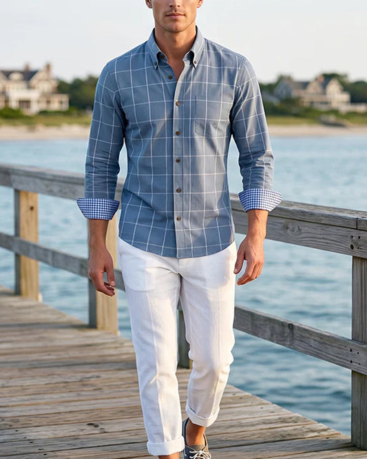 Blue and White Check Lapel Long Sleeve Shirt blouses & shirts man spring summer