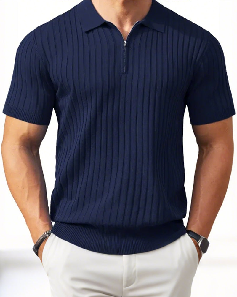 Men's Zipper Short Sleeve Ribbed Knit Polo T Shirts Golf Shirts