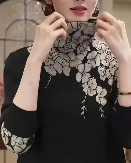 Fashion Turtleneck Floral Jacquard Pullover