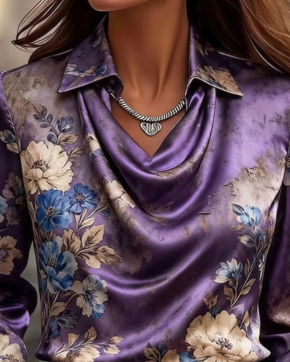 Lapel Draped Long-Sleeve Blouse