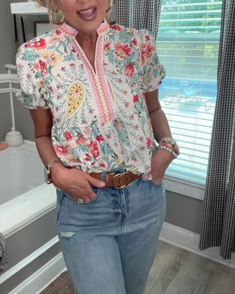 Floral Stand Collar Puff Sleeve Blouse