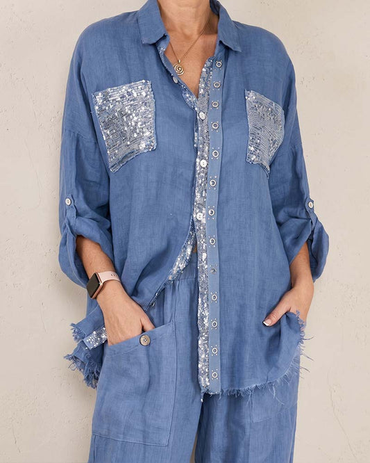 V-Neck Shirt Shimmer Wide Leg Solid Set spring summer two-piece sets