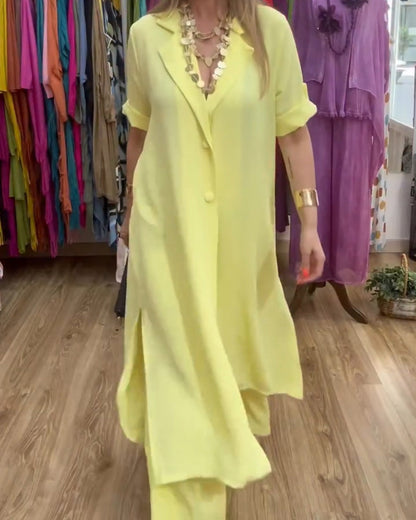 Lapel Long Cardigan Wide Leg Pants Set