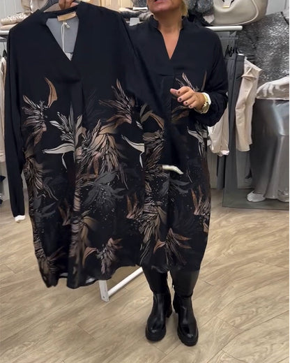 V-Neck Leaf Print Long-Sleeved Dress