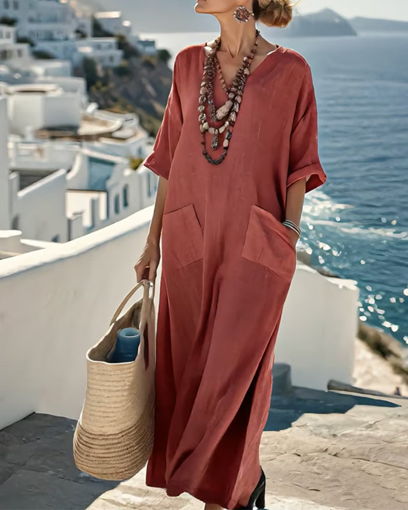 V-Neck Solid Color Midi Dress