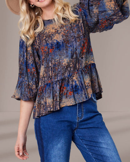 Lantern Sleeve Landscape Painting Blouse