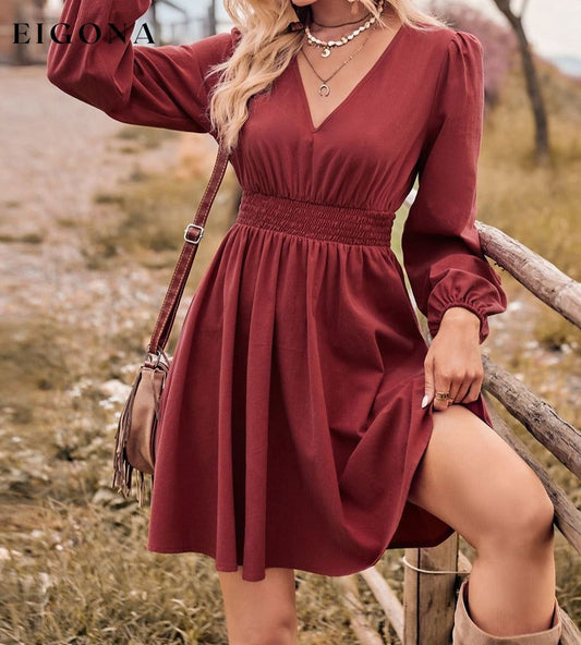 V-Neck Long Sleeve Smocked Waist Mini Dress Brick Red casual dress casual dresses clothes dress dresses long sleeve dress long sleeve dresses mini dress S.N Ship From Overseas