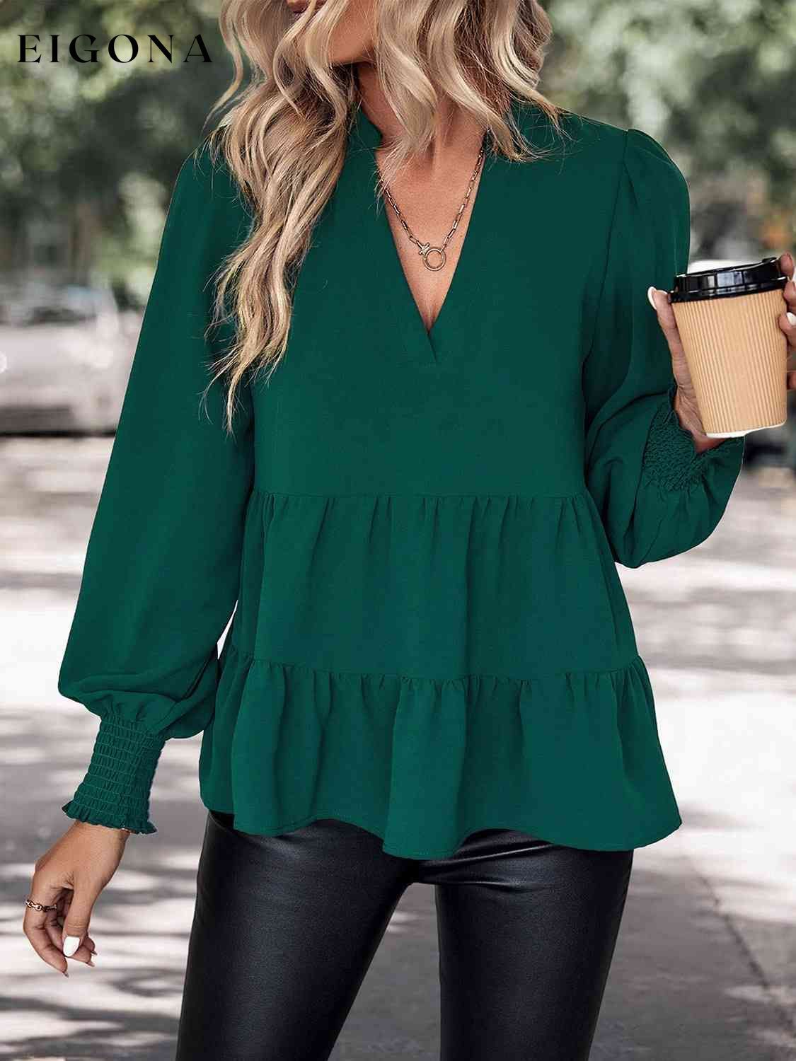 Notched Neck Lantern Sleeve Blouse Green clothes Hundredth long sleeve shirts long sleeve top long sleeve tops Ship From Overseas shirt shirts top tops