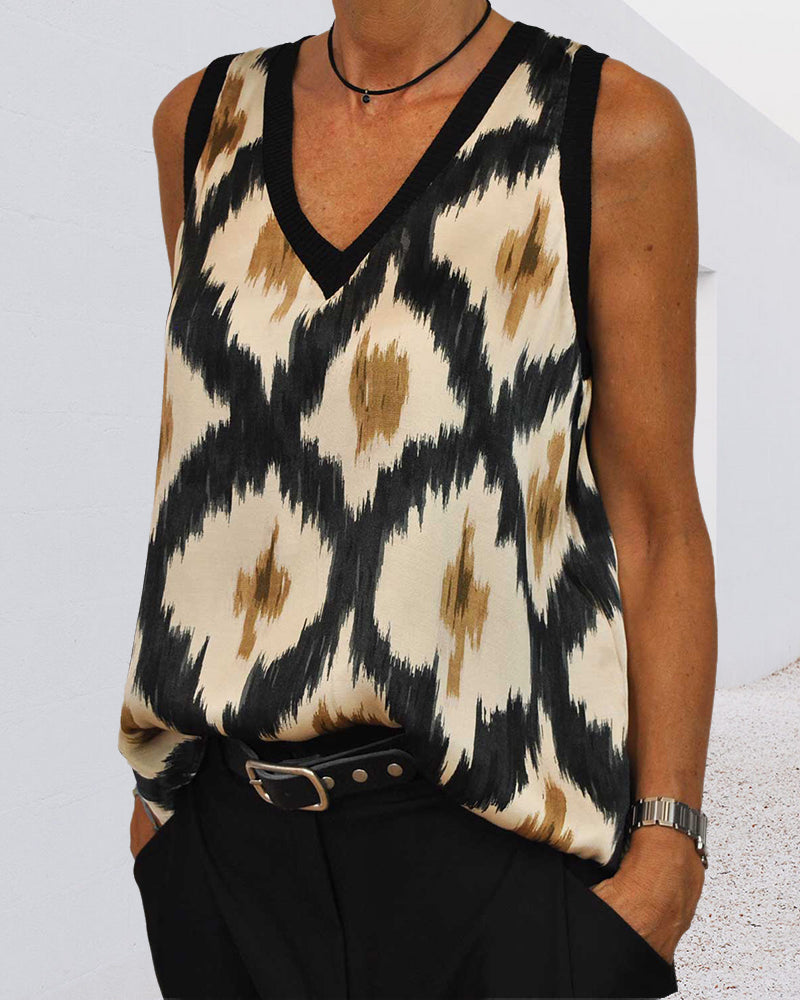 Printed V-neck sleeveless casual top summer tank tops & camis