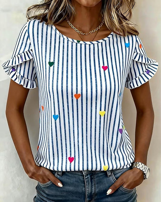 Striped Heart Ruffle Sleeve Blouse blouses & shirts spring summer