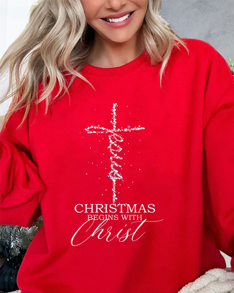 Casual round neck letter cross print sweatshirt 2024 f/w christmas sweatshirts