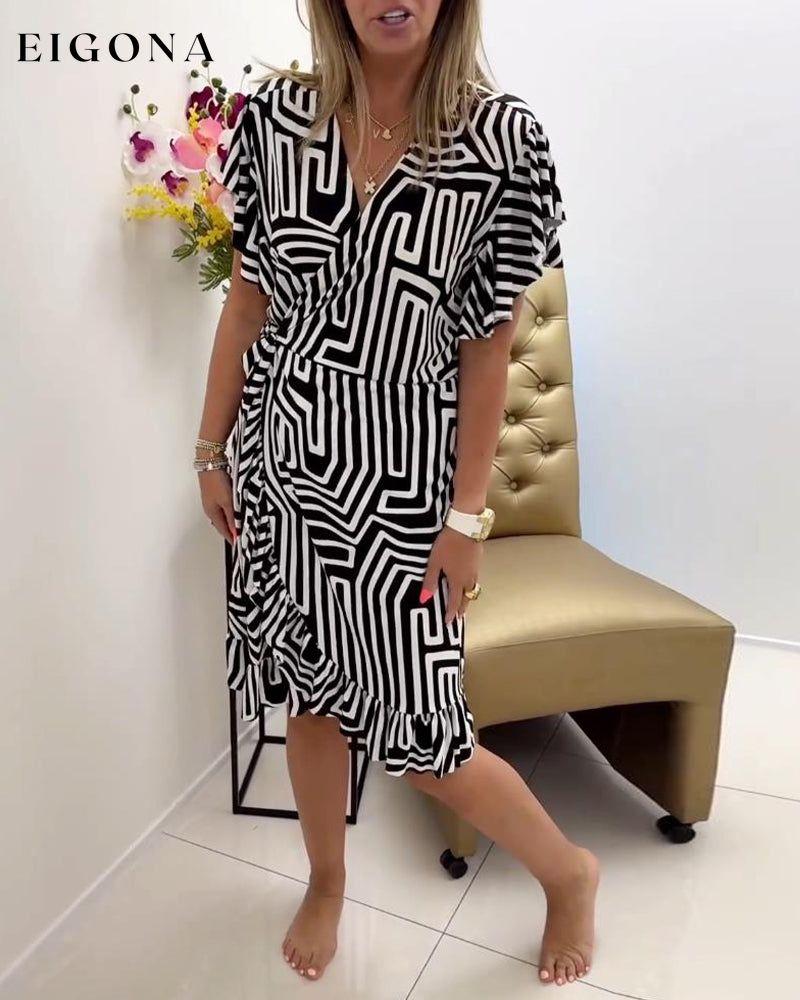 Fashionable geometric print V-neck ruffle dress casual dresses spring summer