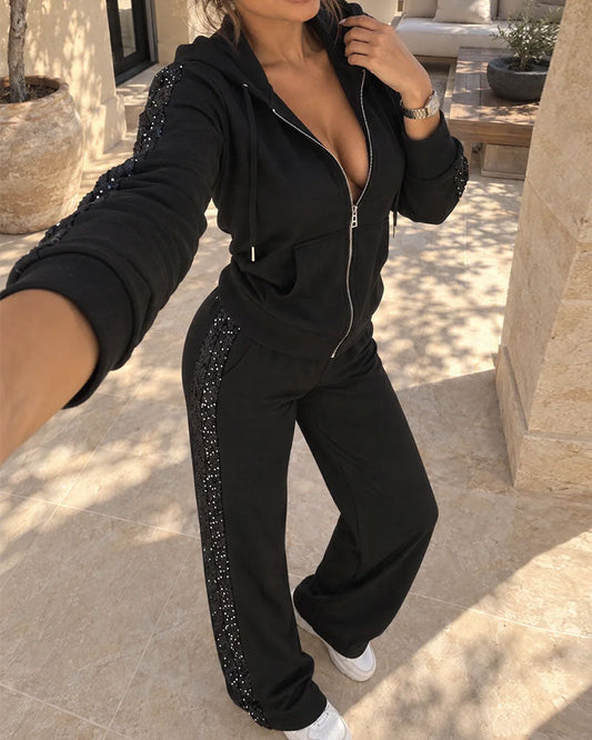 Hooded Casual Long Sleeve Coat Straight Pants Set 2024 f/w two-piece sets