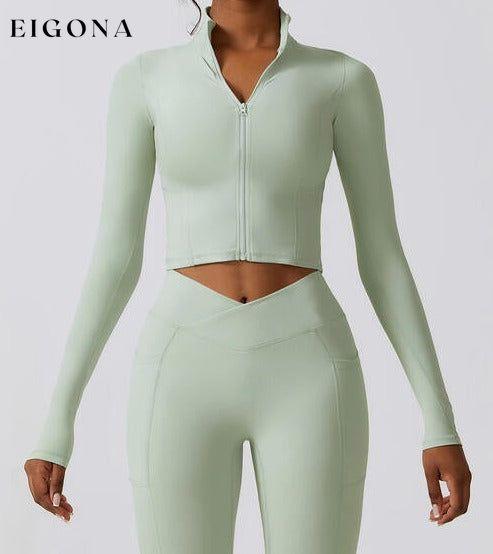 Zip Up Long Sleeve Cropped Activewear Sports Top Jacket Light Green activewear clothes Ship From Overseas Z&C