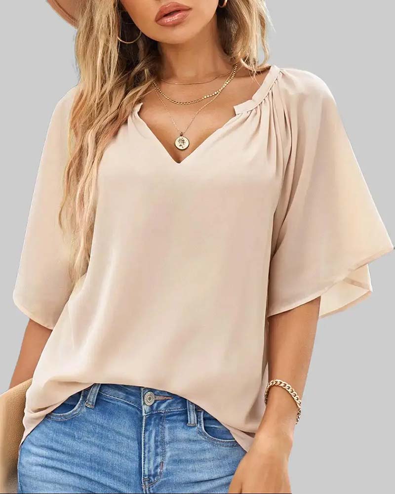 Loose-Fit Solid-Color V-Neck Top