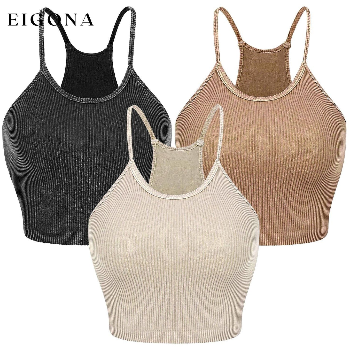 3-Pack: Women Crop Basic Tank Top Ribbed Knit Sleeveless Dark Gray Khaki Beige __stock:50 clothes refund_fee:1200 tops