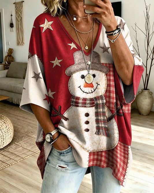 Christmas Snowman Print V-Neck Half Sleeve T-Shirt 2024 f/w chirstmas t-shirts