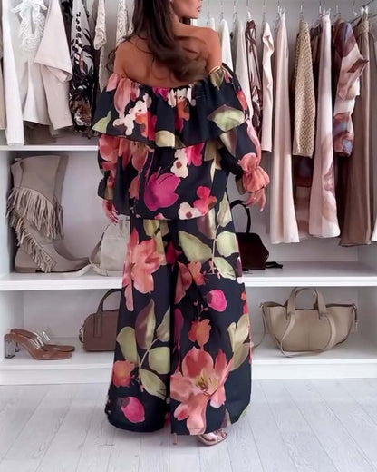 Off-Shoulder Printed Casual Suit