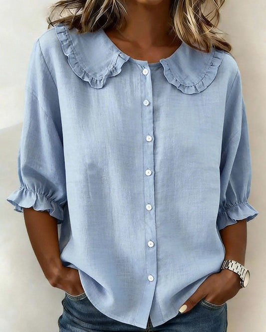 Peter Pan Collar Cotton Linen Ruffled Button-Front Shirt blouses & shirts cotton and linen spring summer