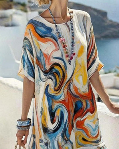 Crew Neck Oil Painting Print Dress