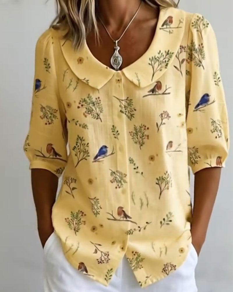 Bird Pattern Peter Pan Collar Shirt
